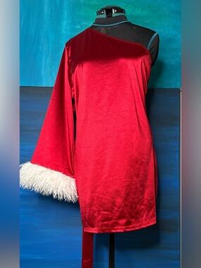 Red Santa Stretch Satin One Shoulder Arm Mini Dress with Fur Cuff